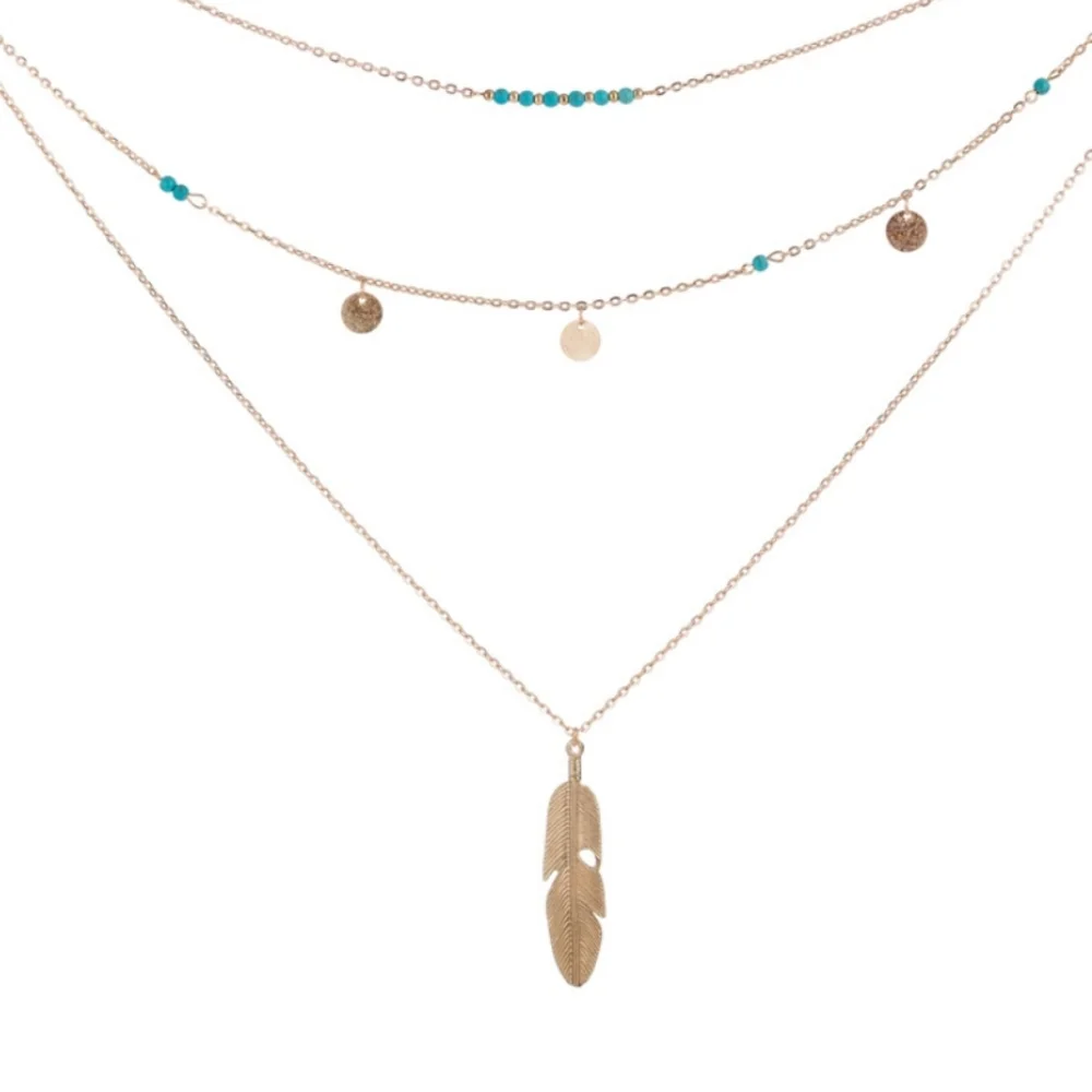 Gold Tone Layered Feather Necklace